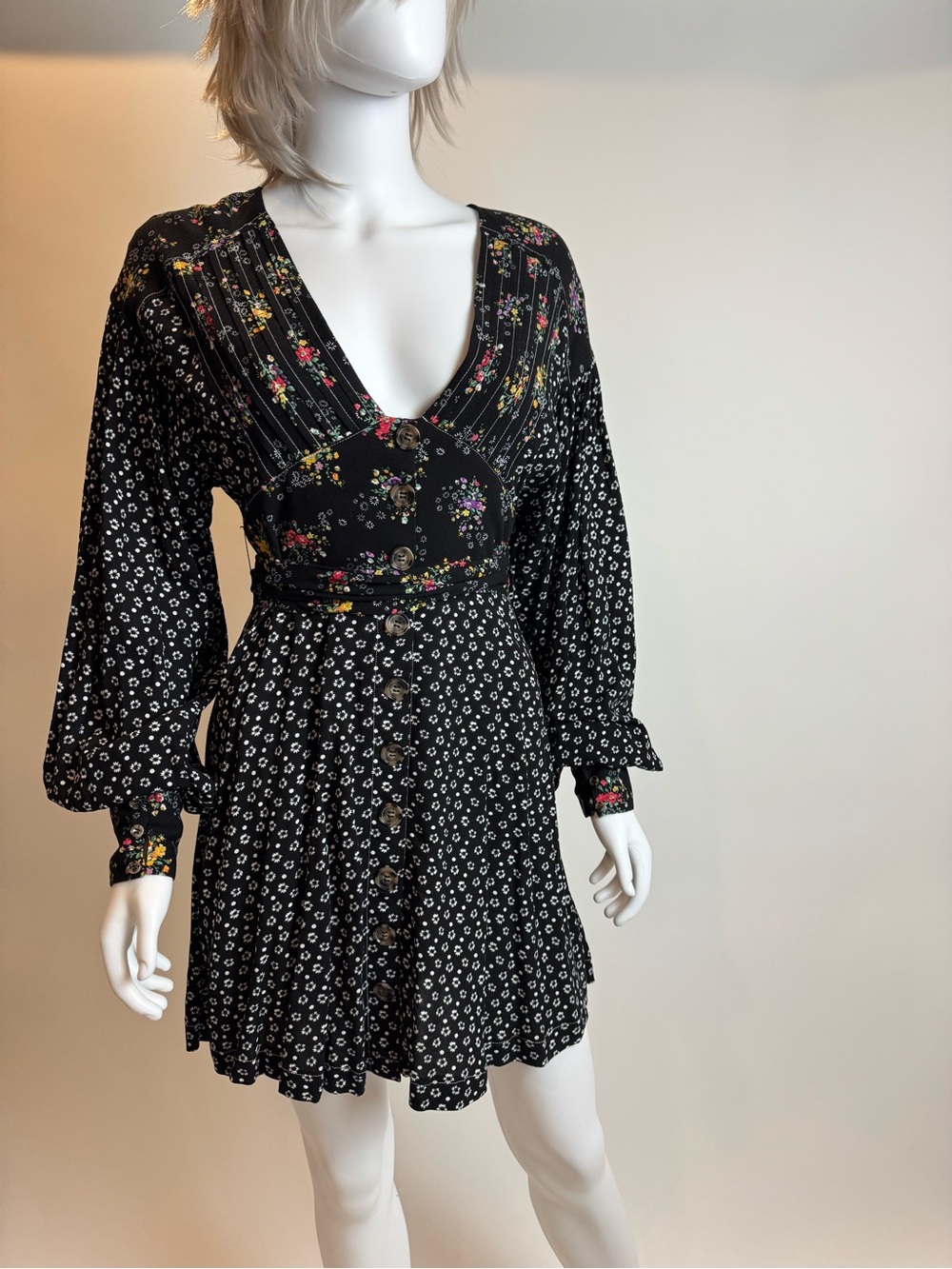 Free People Black Floral Long Sleeve Button Mini Dress